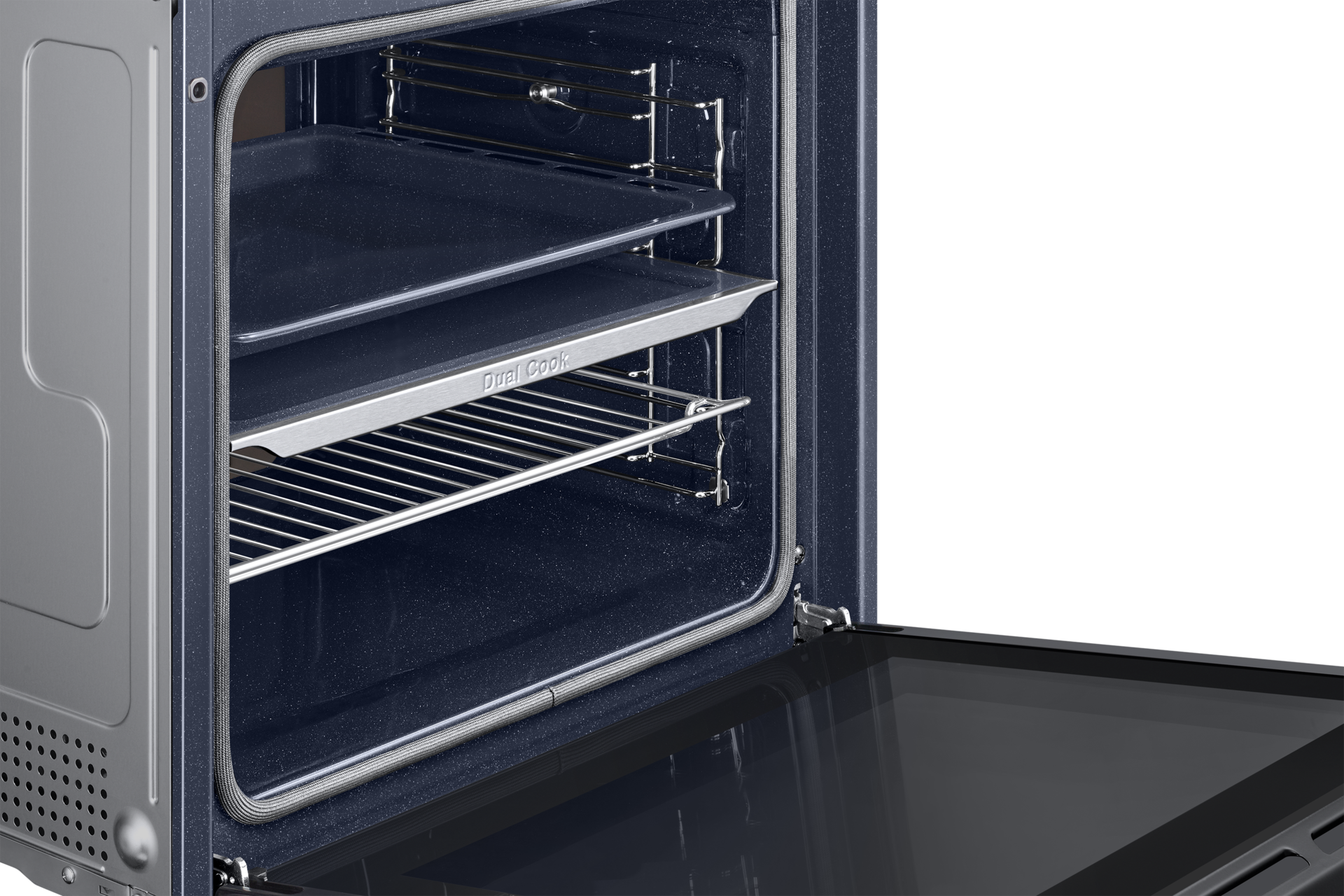 Piekarnik parowy NV7B44257AK/U2 z Dual Cook bokiem, otwarty z blachami do pieczenia w środku 