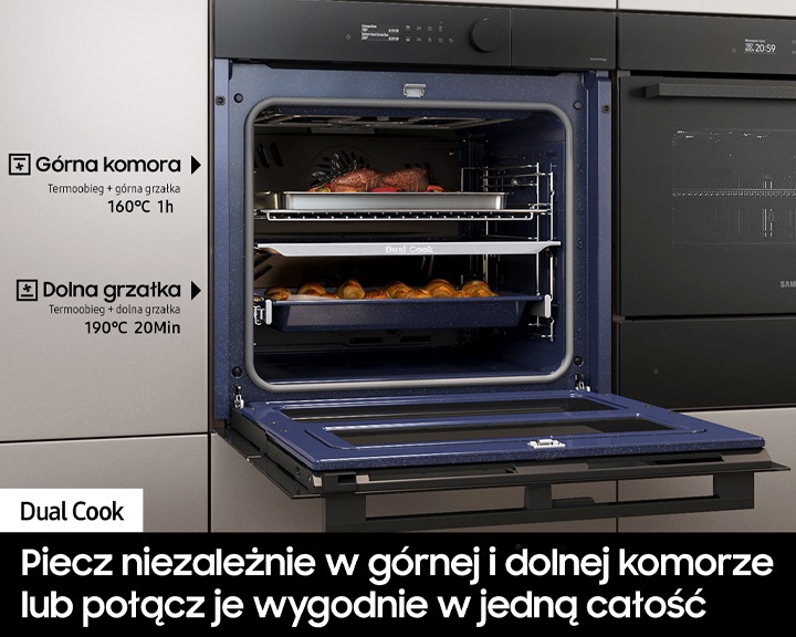 Piekarnik parowy NV7B5645TAK/U2 z Natural Stream bokiem, otwarty z blachami do pieczenia w środku 