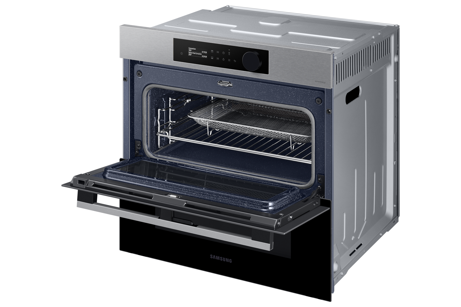 Piekarnik parowy NV7B5745PAS/U2 z Dual Cook z otwartą górną komorą i widocznymi blachami bokiem