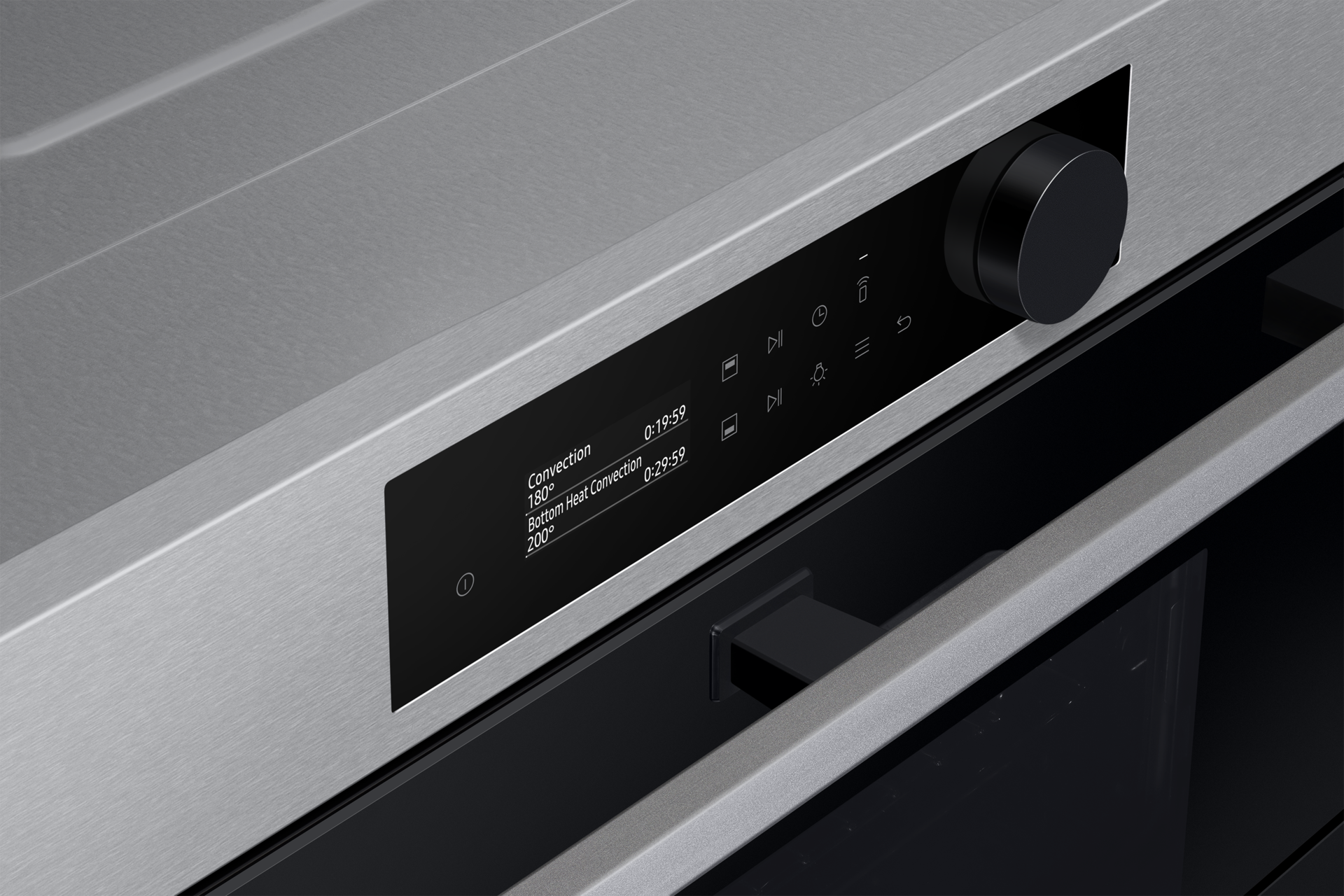 Wyświetlacz LED piekarnika parowego NV7B5745PAS/U2 z Dual Cook do zabudowy bokiem w przybliżeniu