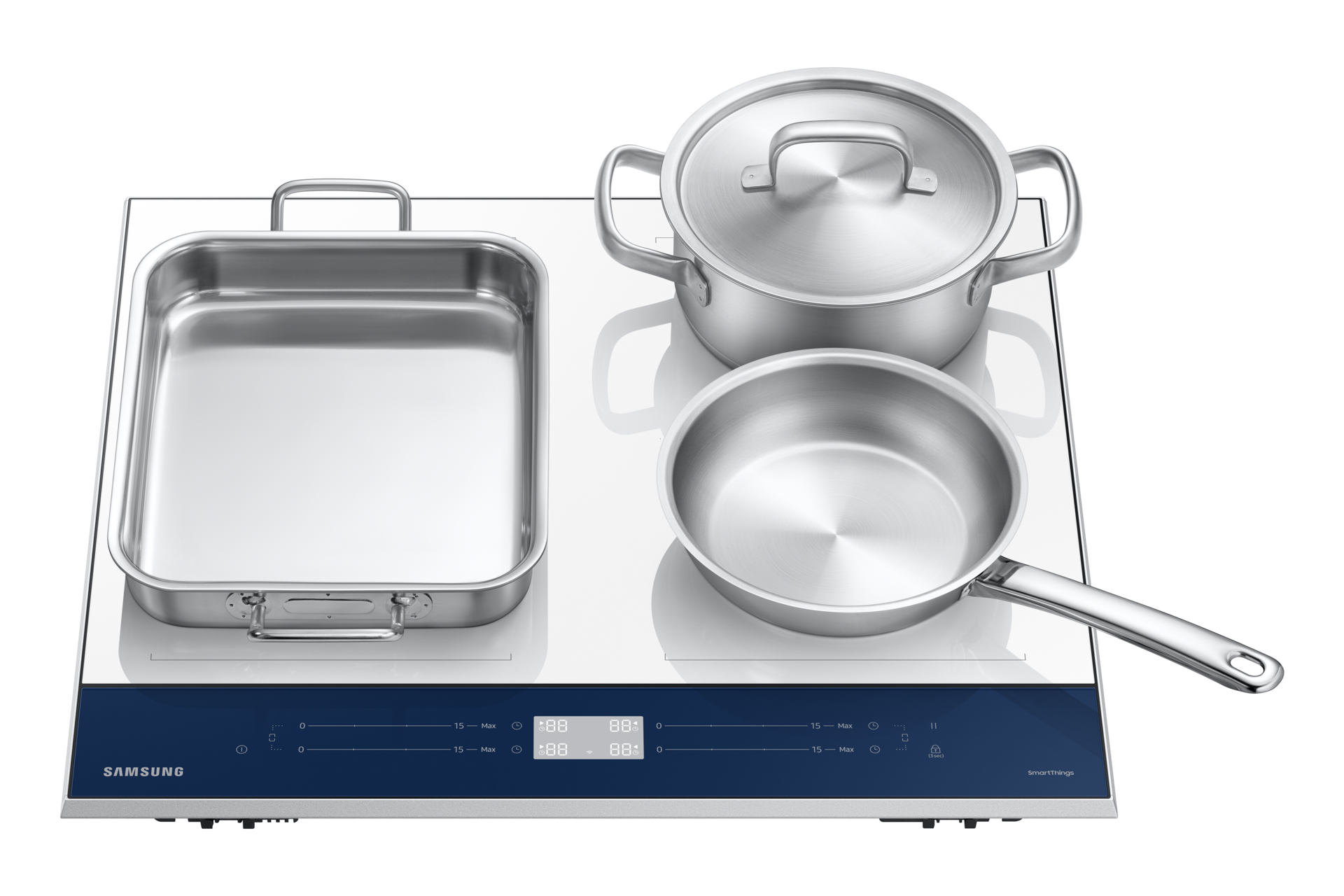 Biała płyta indukcyjna Bespoke SlimFit NZ64B5067YJ/U2 - widok z garnkami - widok od góry