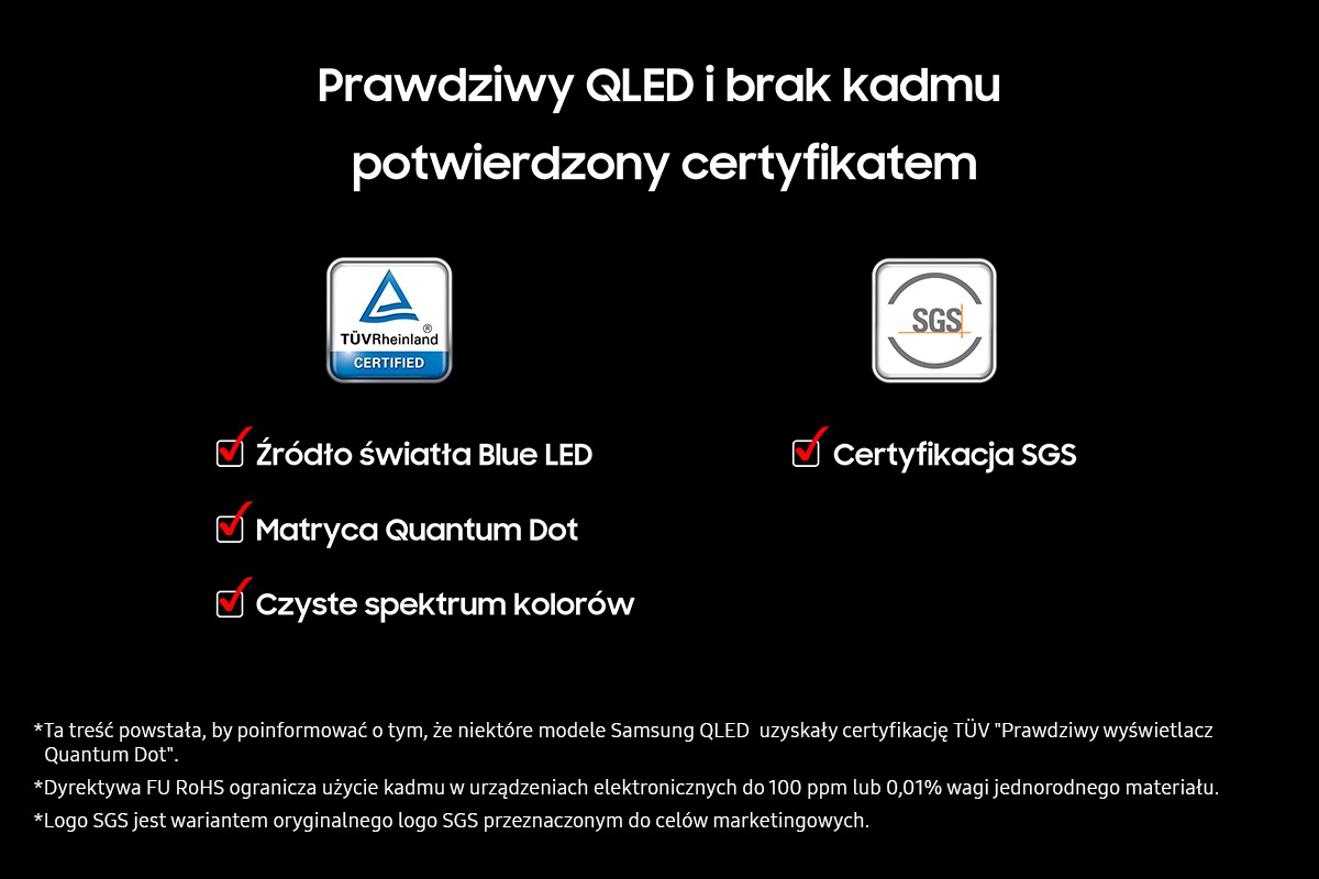 Grafika przedstawia certyfikacje Prawdziwy QLED i brak kadmu. QE115QN90FTXXH