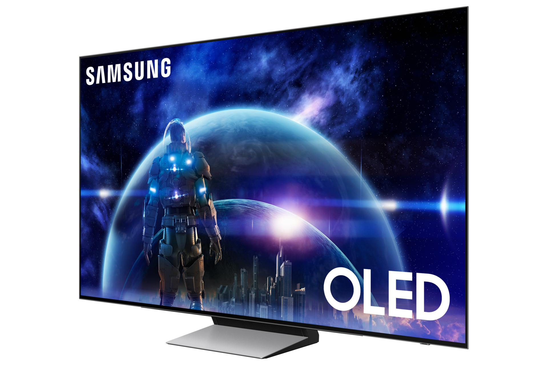 Rzut z prawej na nowy telewizor 48" OLED 4K S94D Smart TV model QE48S94DAEXXH.