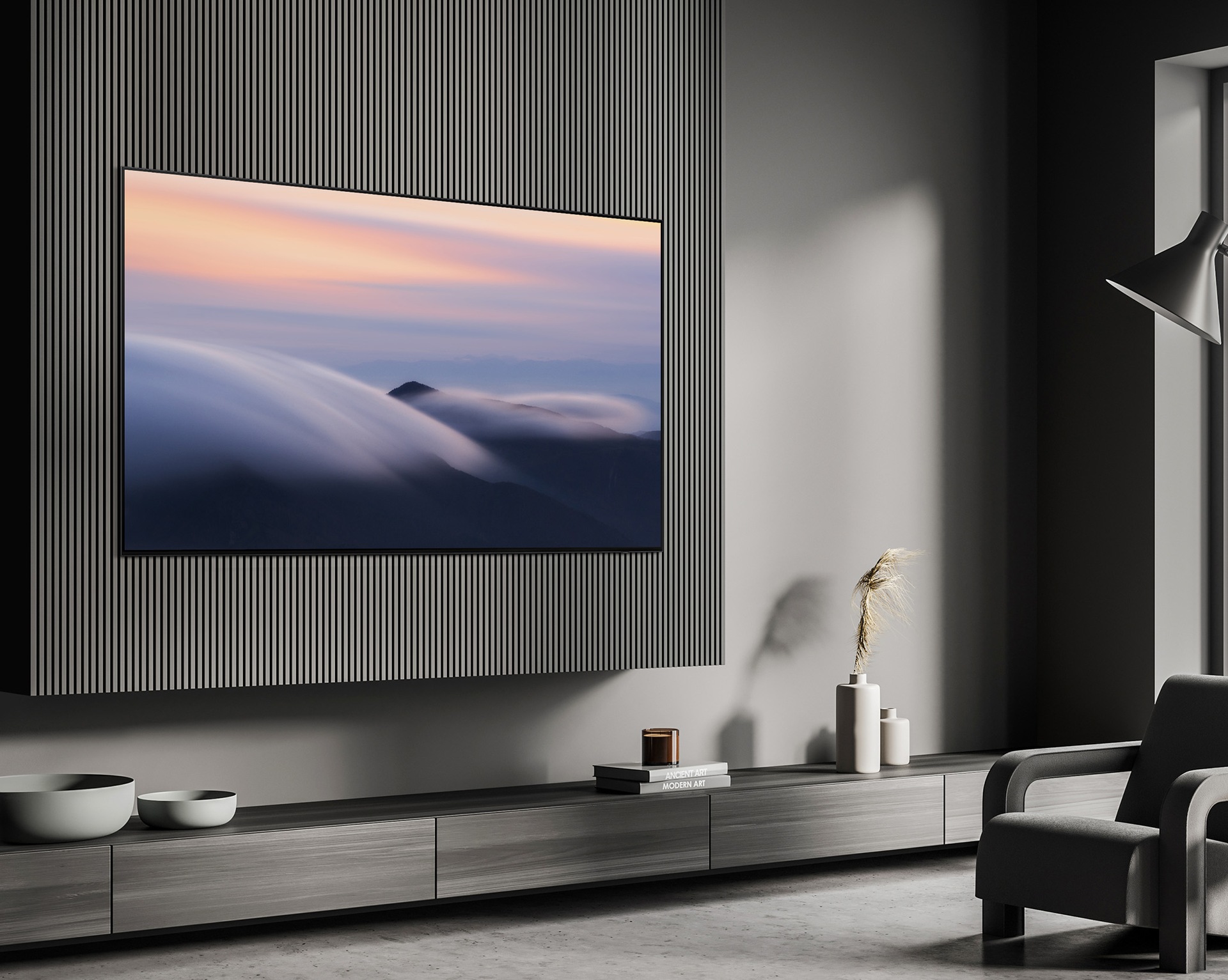 Zdjęcie pokazujące telewizor 48" OLED 4K S94D QE48S94DAEXXH powieszony na ścianie.