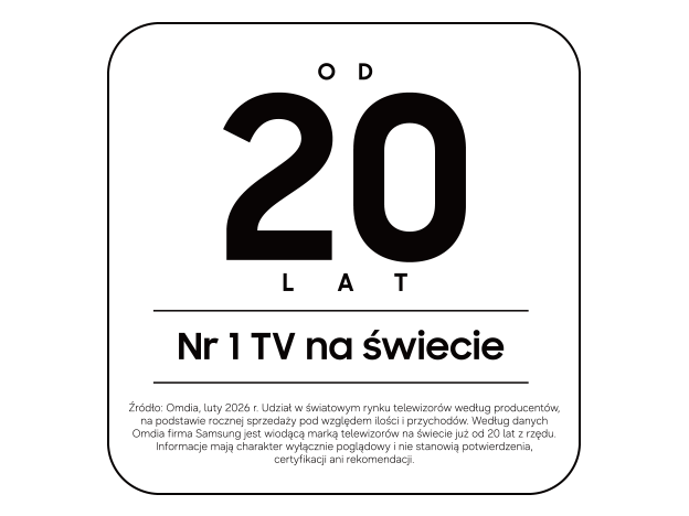 Źródło: Omdia, luty 2026 r. Udział w światowym rynku telewizorów według producentów, na podstawie rocznej sprzedaży pod względem ilości i przychodów. Według danych Omdia firma Samsung jest wiodącą marką telewizorów na świecie już od 20 lat z rzędu. Informacje mają charakter wyłącznie poglądowy i nie stanowią potwierdzenia, certyfikacji ani rekomendacji.