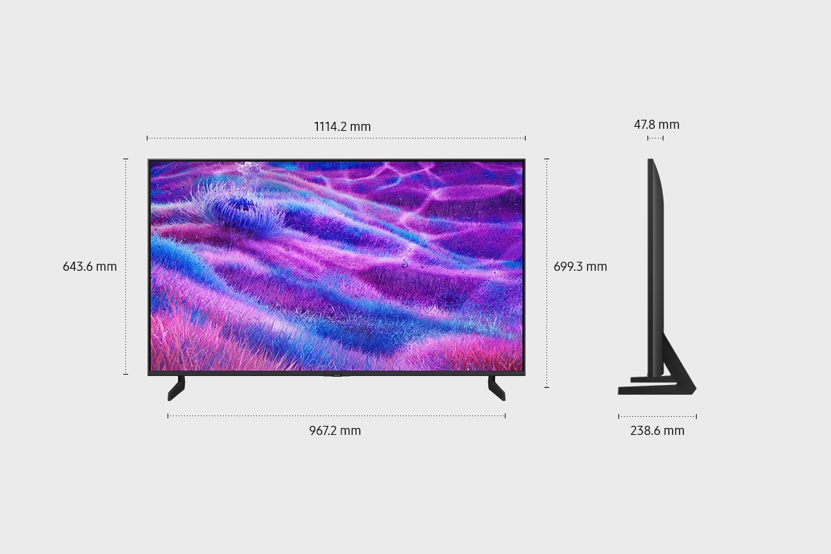 Telewizor 50" Neo QLED QN80F 4K Samsung Vision AI Smart TV - widok z przodu i boku wraz z wymiarami urządzenia