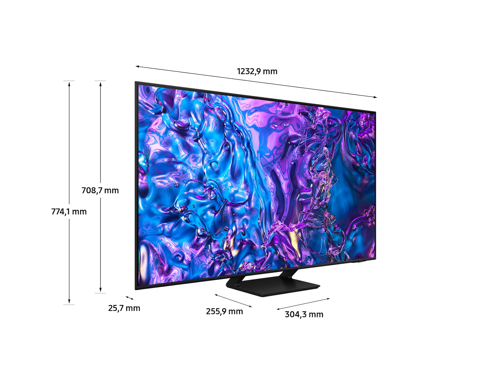 Telewizor 55” QLED 4K Q70D z podanymi wymiarami