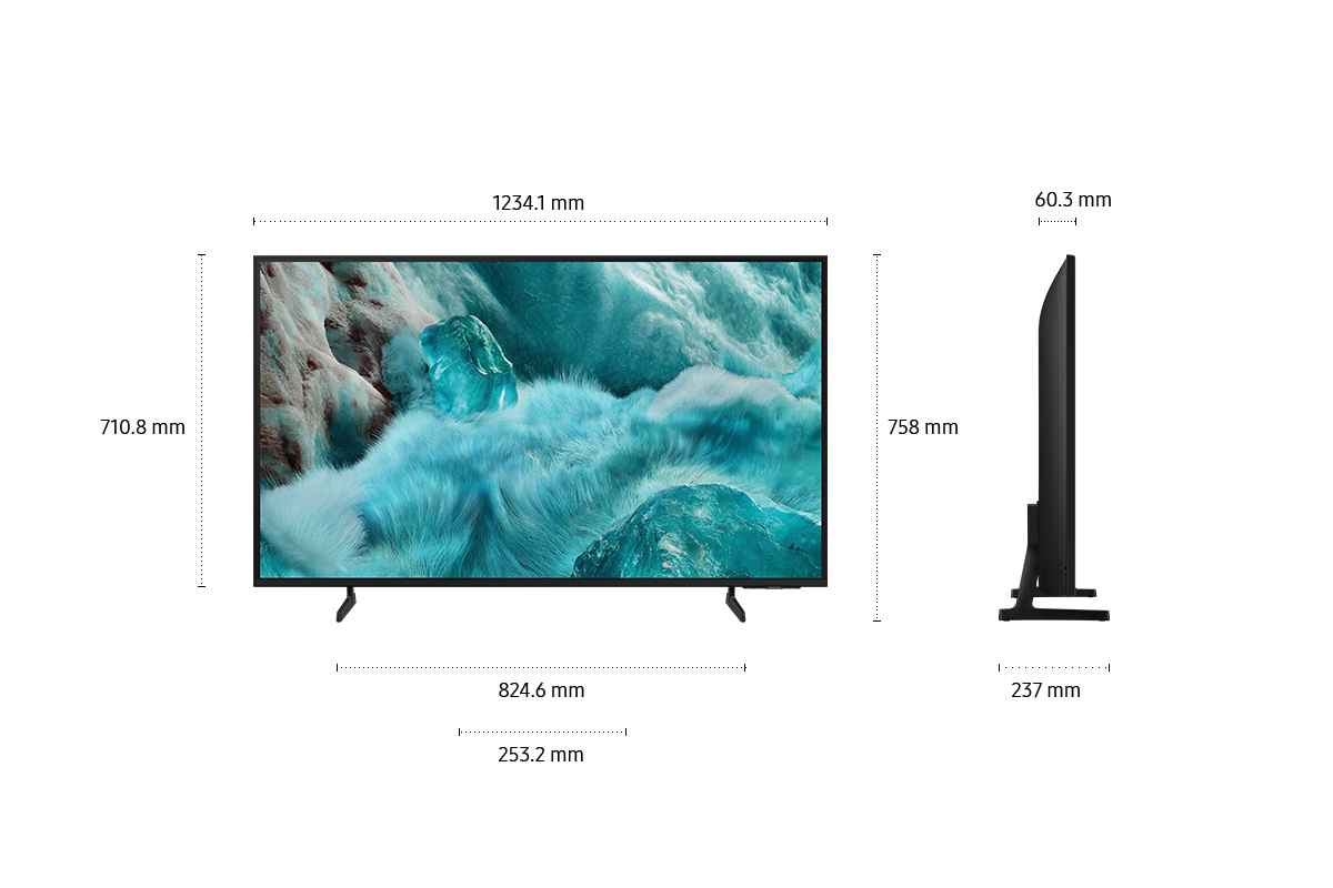 Telewizor 55" QLED Q7F2 4K Samsung Vision AI Smart TV (2025) - widok z przodu i boku wraz z wymiarami urządzenia