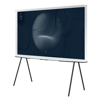 Rzut z prawej na Biały telewizor The Serif 65" LS01BG - QE65LS01BGUXXH na stojaku