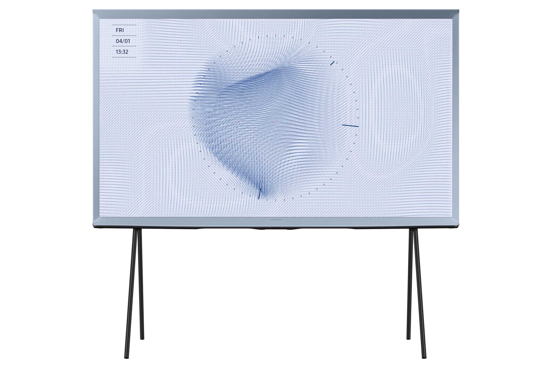 Niebieski telewizor The Serif 65" LS01BU - QE65LS01BHUXXH widok na stojący na nóżkach