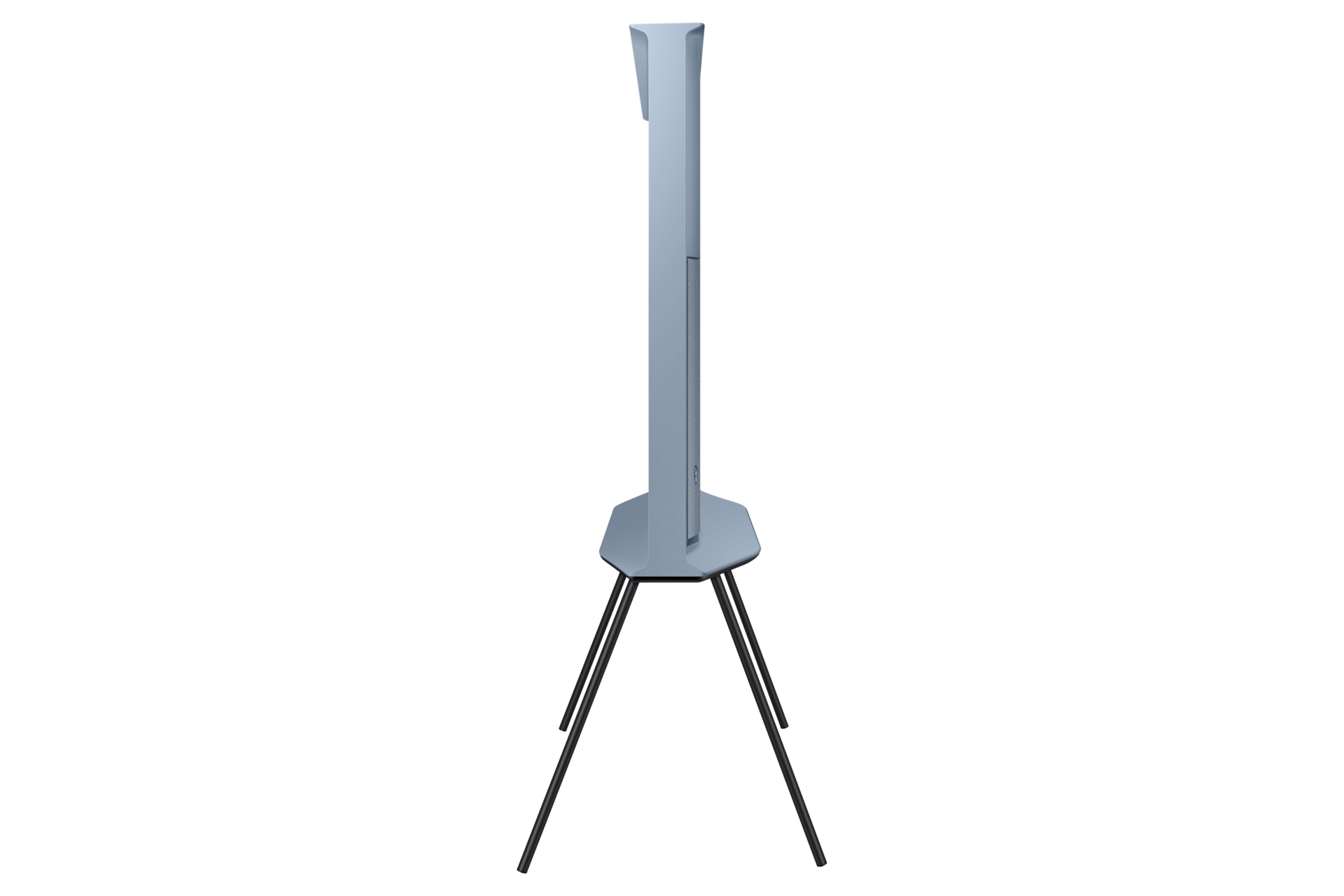 Rzut z lewej na Niebieski telewizor The Serif 65" LS01BU - QE65LS01BHUXXH na stojaku