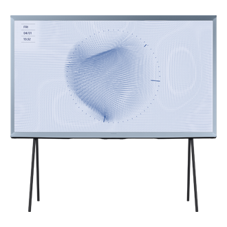 Niebieski telewizor The Serif 65" LS01BU - QE65LS01BHUXXH widok na stojący na nóżkach