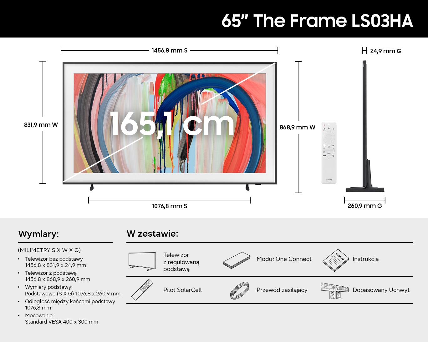 Wymiary telewizora Samsung 65" The Frame LS03HA: przekątna 165,1 cm, 1456,8 × 831,9 × 24,9 mm bez podstawy, oraz zawartość zestawu.