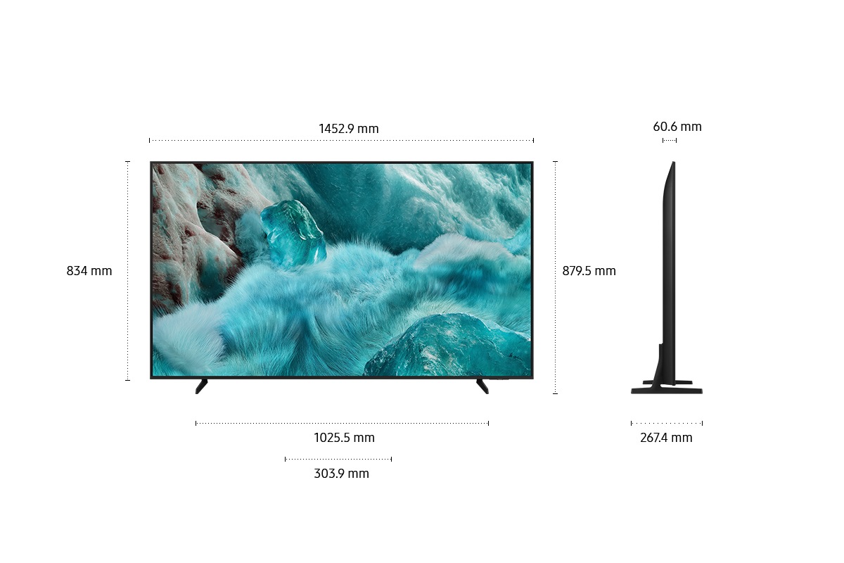 Telewizor 65" QLED Q7F2 4K Samsung Vision AI Smart TV (2025) - widok z przodu i boku wraz z wymiarami urządzenia