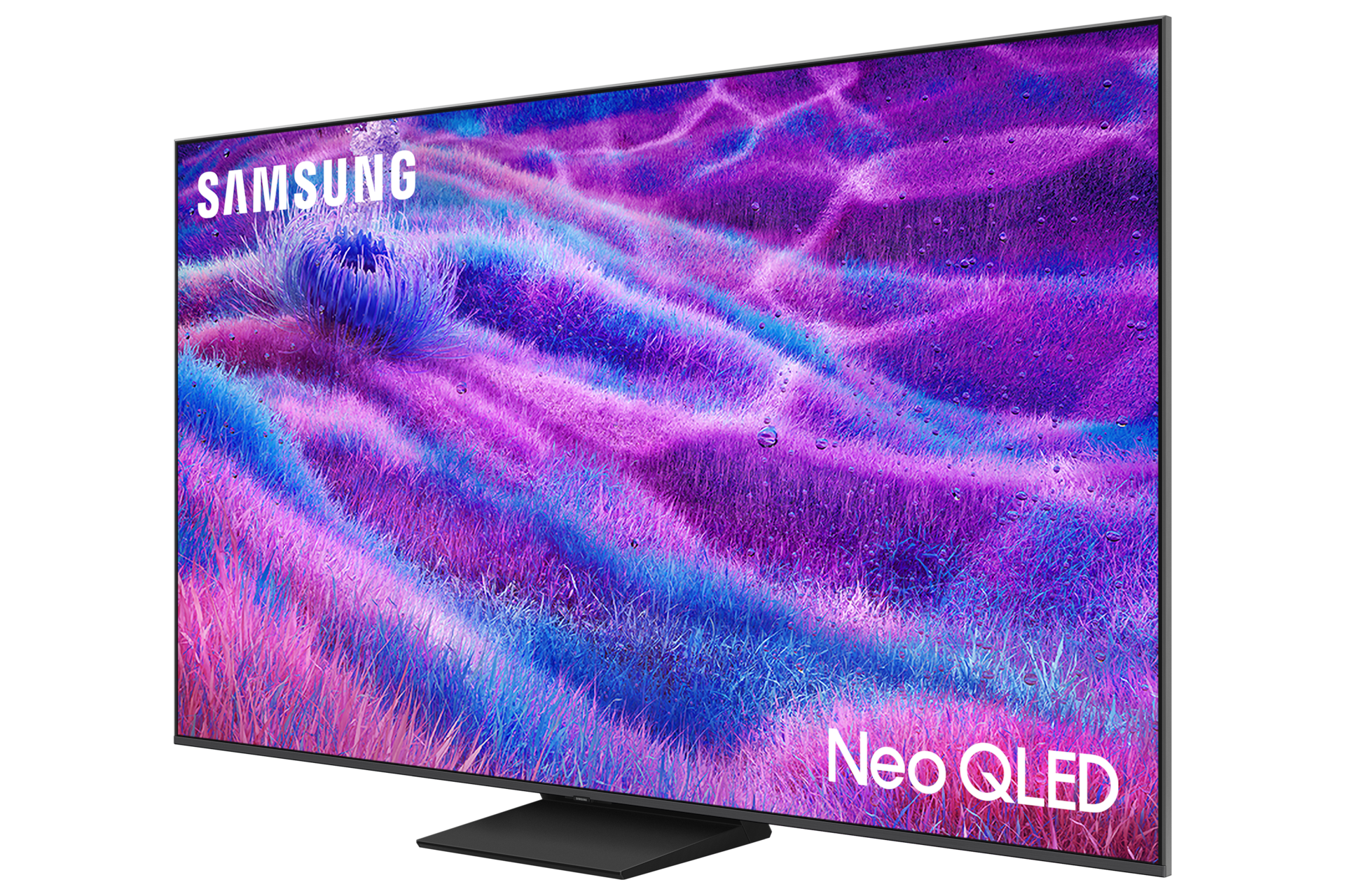 Telewizor 65" Neo QLED QN80F 4K Samsung Vision AI Smart TV -  widok skośny z lewej strony z napisem Samsung NeoQLED