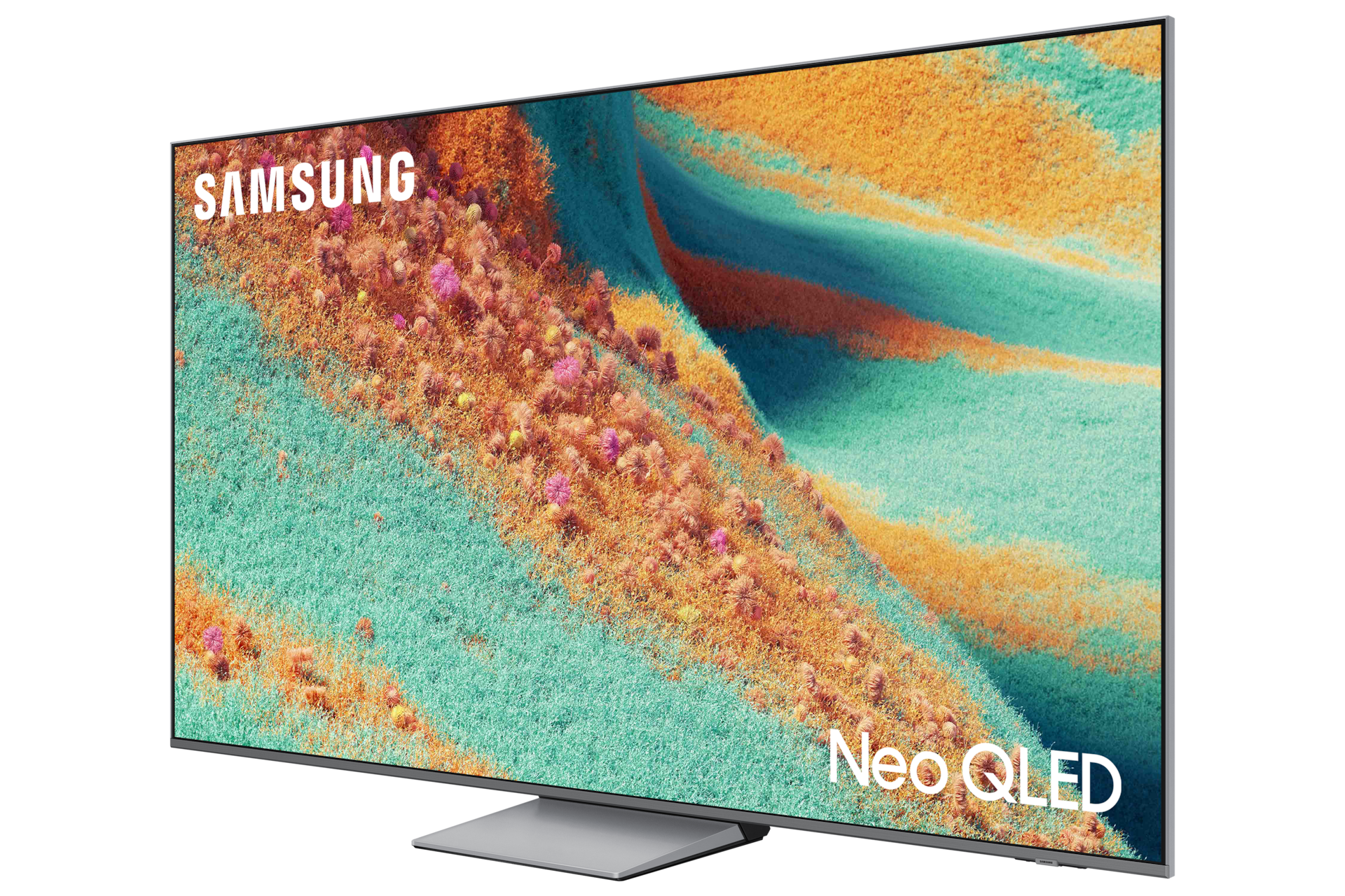 Telewizor 65" Neo QLED QN85F 4K Samsung Vision AI Smart TV (2025) - widok skośny z lewej strony z napisem Samsung NeoQLED