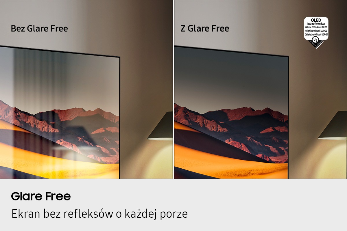 Zestawienie dwóch telewizorów obok siebie. Jeden z nich wykorzystuje powłokę z Glare Free, a drugi bez Glare Free. Telewizor 65" Neo QLED QN990F 8K Samsung Vision AI Smart TV (2025) posiada Glare Free.