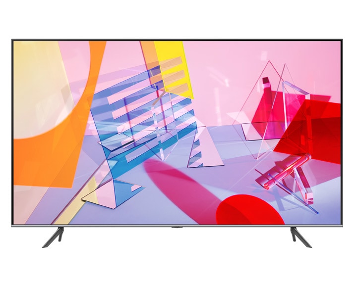 Widziany z przodu srebrny telewizor Samsung QLED QE75Q65TAUXXH o rozdzielczości 75 cali z Trójstronnie Bezramkowym Designem