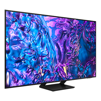 Telewizor 75” QLED 4K Q70D  stojący na podstawie, widok z lewej