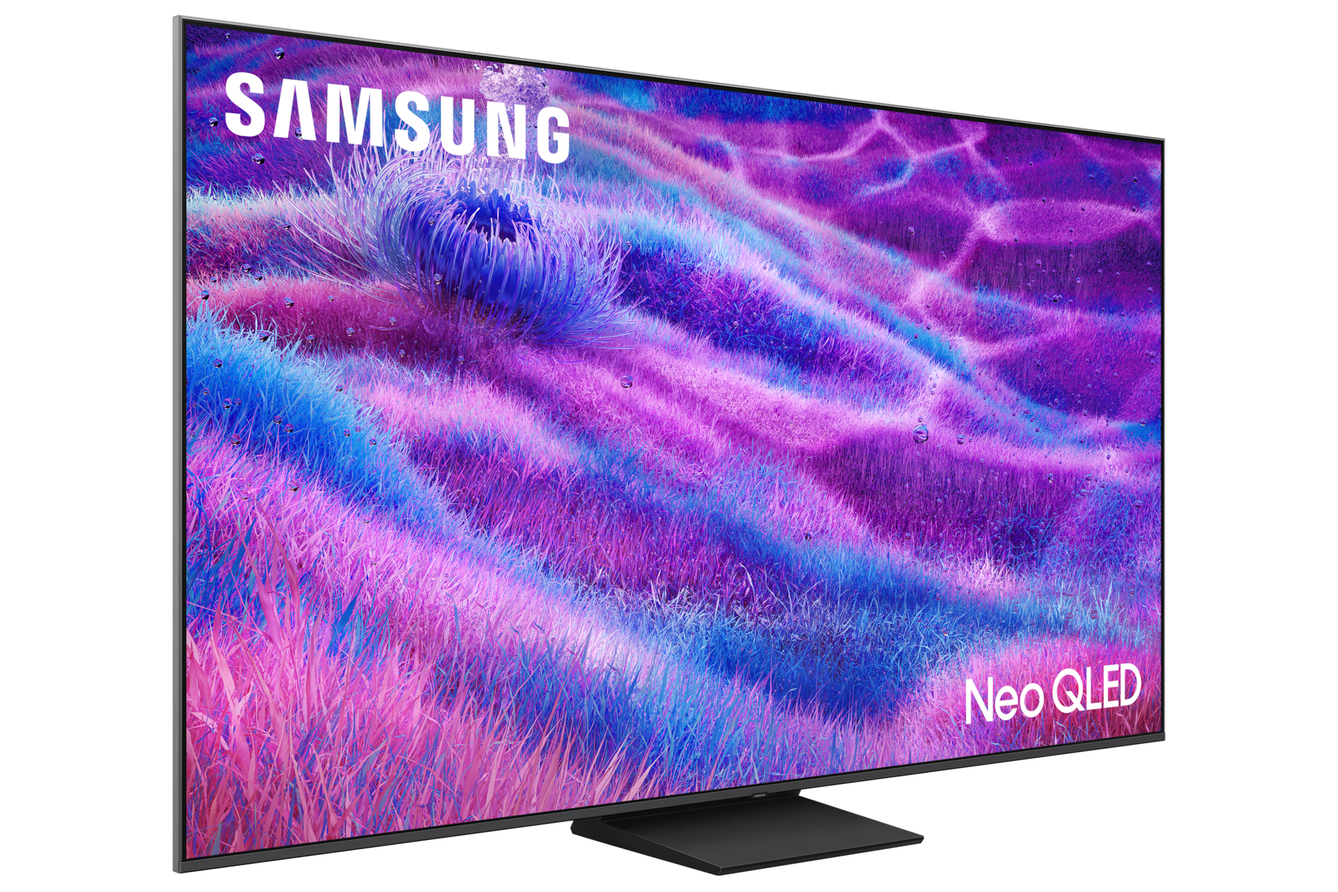 Telewizor 75" Neo QLED QN80F 4K Samsung Vision AI Smart TV - widok skośny z prawej strony z napisem Samsung NeoQLED