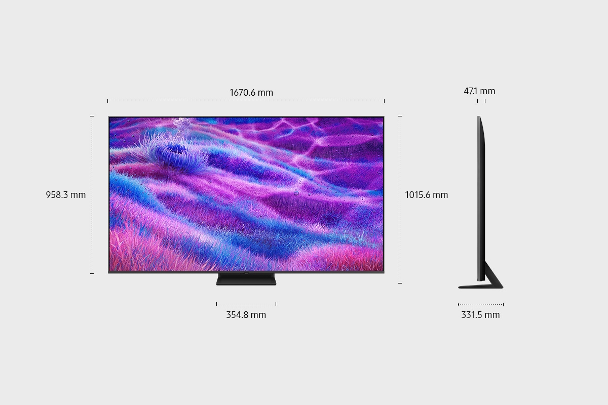 Telewizor 75" Neo QLED QN80F 4K Samsung Vision AI Smart TV - widok z przodu i boku wraz z wymiarami urządzenia