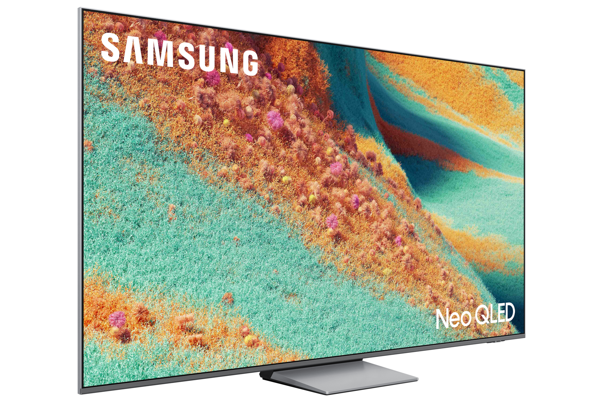 Telewizor 75" Neo QLED QN85F 4K Samsung Vision AI Smart TV (2025) - widok skośny z prawej strony z napisem Samsung NeoQLED