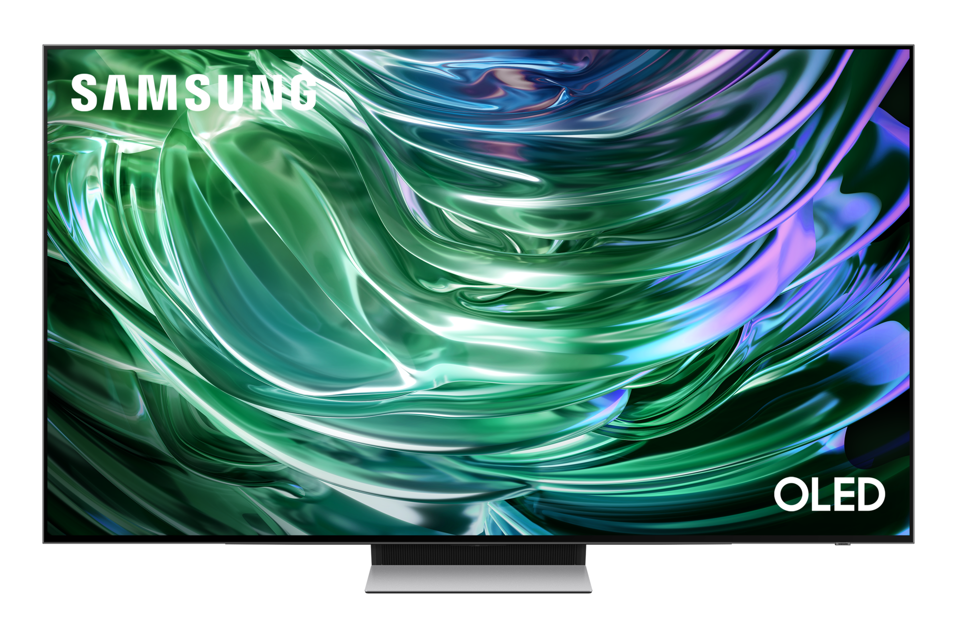 Widok na wprost na nowy telewizor 83" OLED 4K S94D Smart TV model QE83S94DAEXXH stojący na podstawie.