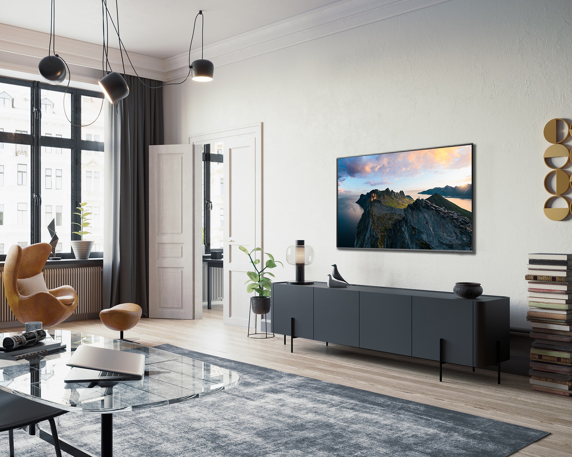 Telewizor 85” QLED 4K Q70D wyeksponowany w salonie