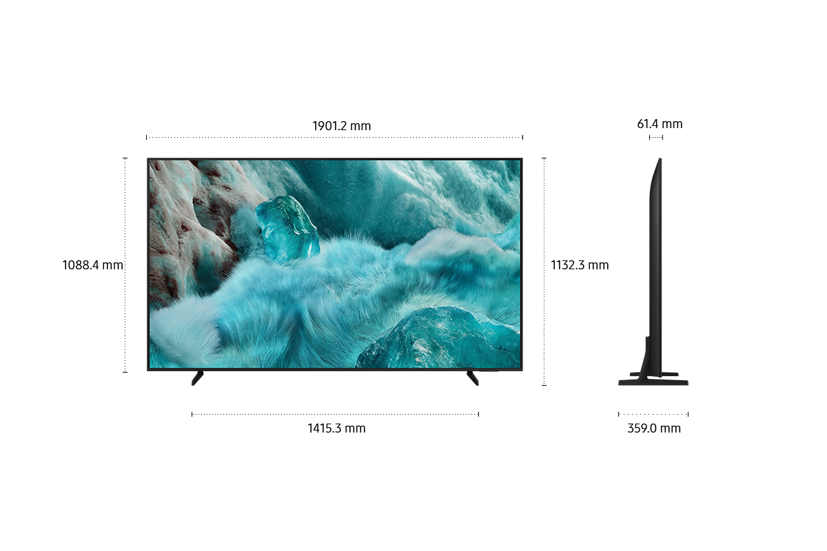 Telewizor 85" QLED Q7F2 4K Samsung Vision AI Smart TV (2025) - widok z przodu i boku wraz z wymiarami urządzenia