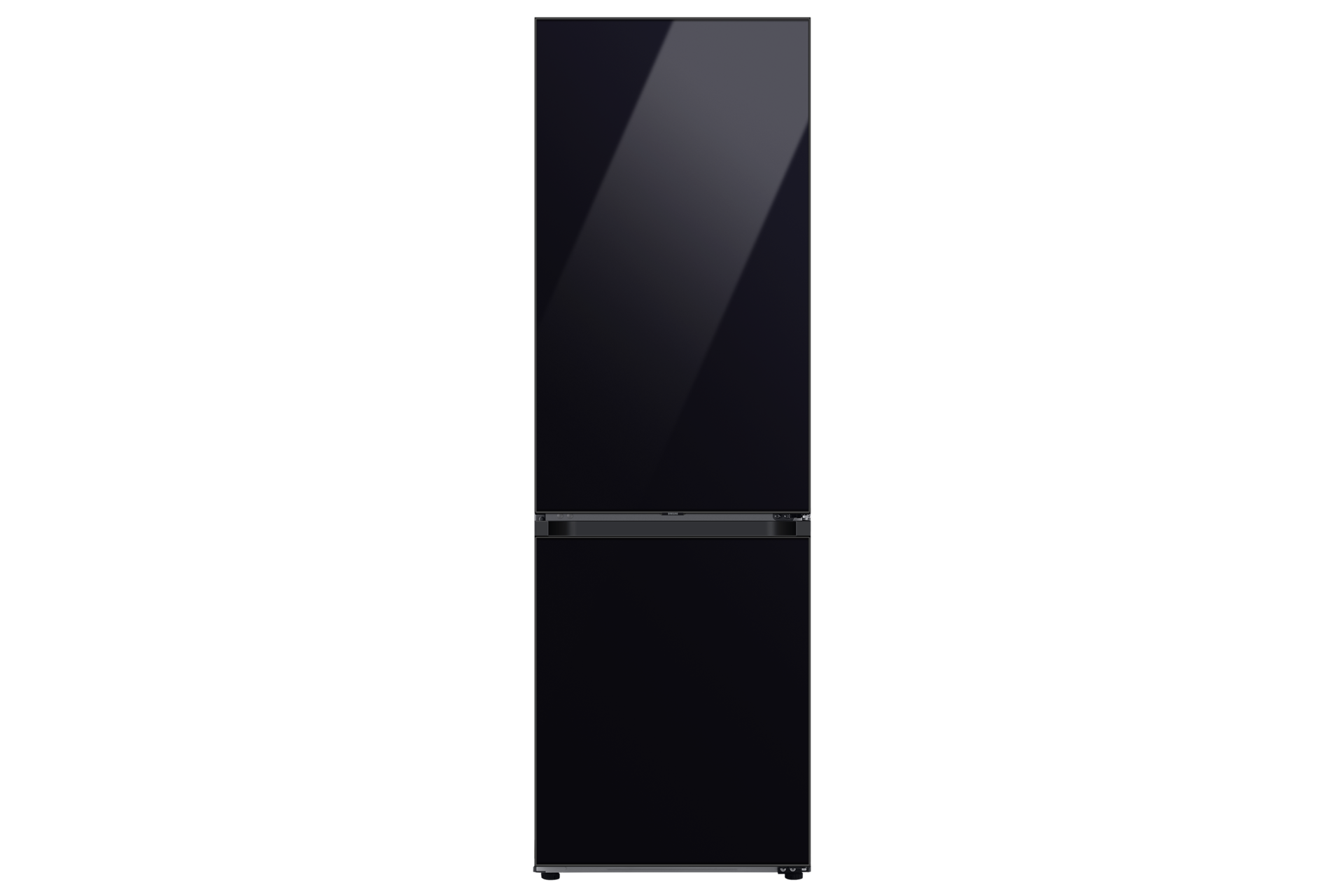 Nowoczesna lodówka Samsung BESPOKE RB34A6B2F22 o pojemności 344l i wysokości 185cm z dolnym zamrażalnikiem i wymiennym panelem szklanym w kolorze głębokiej czerni. Możliwość zmiany frontu pozwala na personalizację designu lodówki
