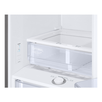 Wnętrze lodówki AI z dolnym zamrażalnikiem Samsung RB34C603CS9/EF, zbliżenie na szuflady humidity fresh