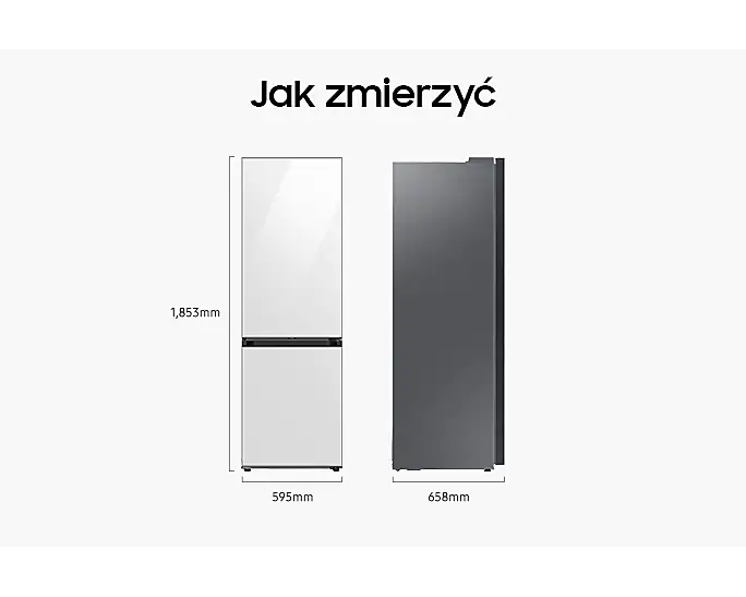 Lodówka z dolnym Bespoke (RB34C6B3E22/EF) z modułem Wi-Fi - widok przodem i bokiem z podanymi wymiarami
