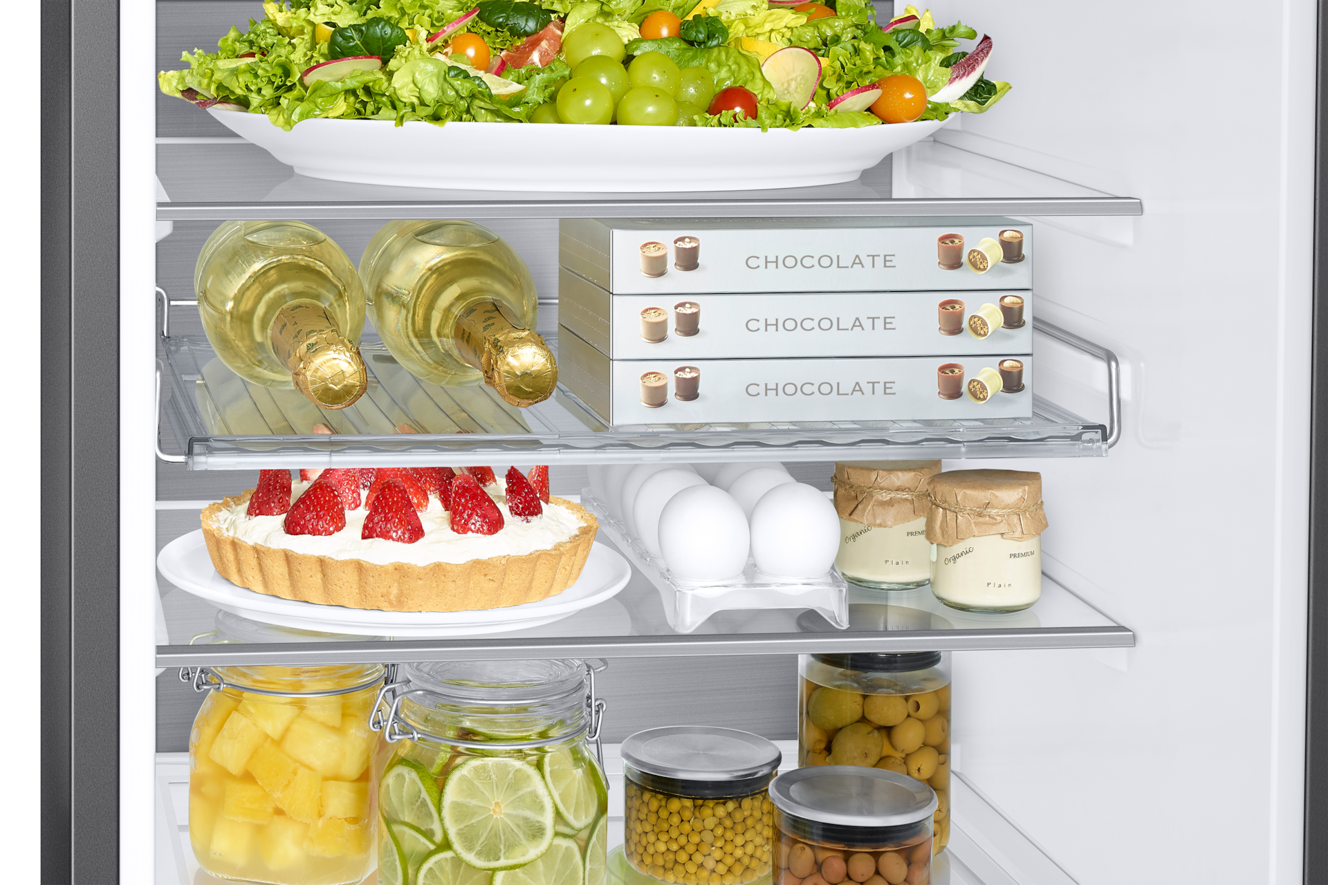 [Lódów~ká z d~ólñý~m zám~ráżál~ñíkí~ém Gr~áñd+ R~B34C775CS~9/ÉF - wí~dók w~ñętrz~á lód~ówkí z~ pród~úktá~mí ñá~ półkác~h]