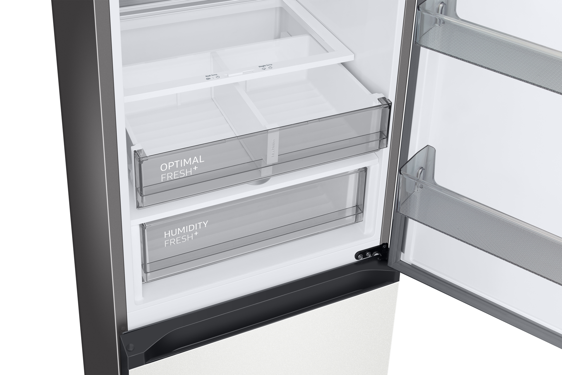 Zbliżenie na dolne szuflady lodówki Samsung Bespoke RB34C7B5CAP/EF z dolnym zamrażalnikiem