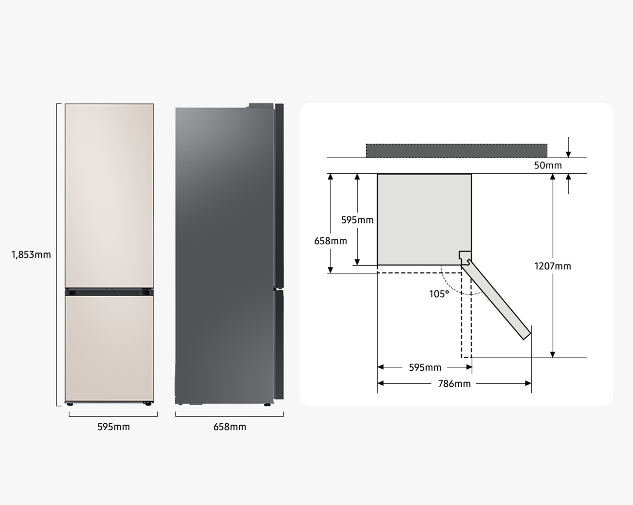 Wymiary lodówki Samsung Bespoke RB34C7B5CAP/EF z dolnym zamrażalnikiem i modułem Wi-Fi