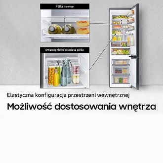 Lodówka Bespoke RB38A6B1DCE z panelami w kolorze kremowego beżu- wyjmowane półki, propozycja przechowywania wysokich pojemników
