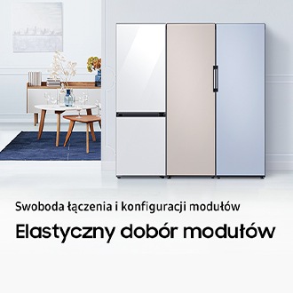Lodówka z dolnym zamrażalnikiem Bespoke RB38A7B6D22/EF stojąca obok lodówki jednodrzwiowej i zamrażalnika Bespoke