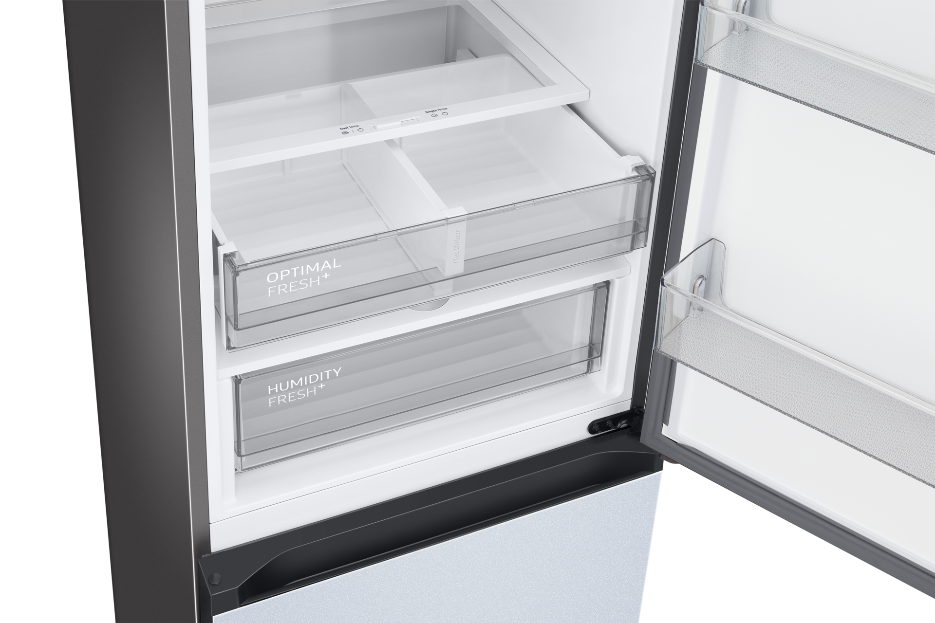 Lodówka Bespoke RB38A7B6DCS z panelami w kolorze kremowego błękitu - przybliżenie na otwarte szuflady Optimal Fresh+