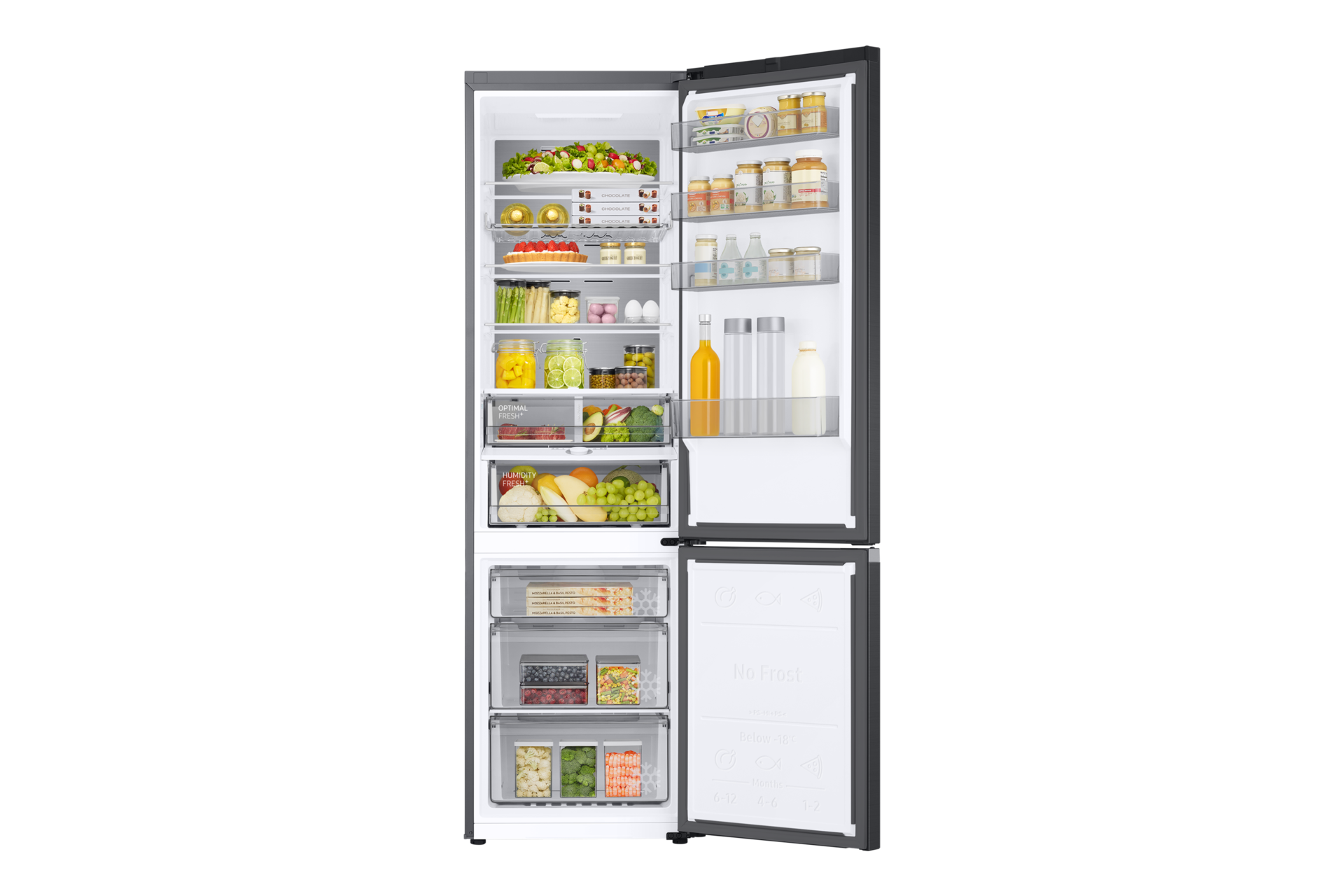 Lodówka z dolnym zamrażalnikiem RB34T601FWW/EF - widok z otwartymi drzwiami i produktami na półkach