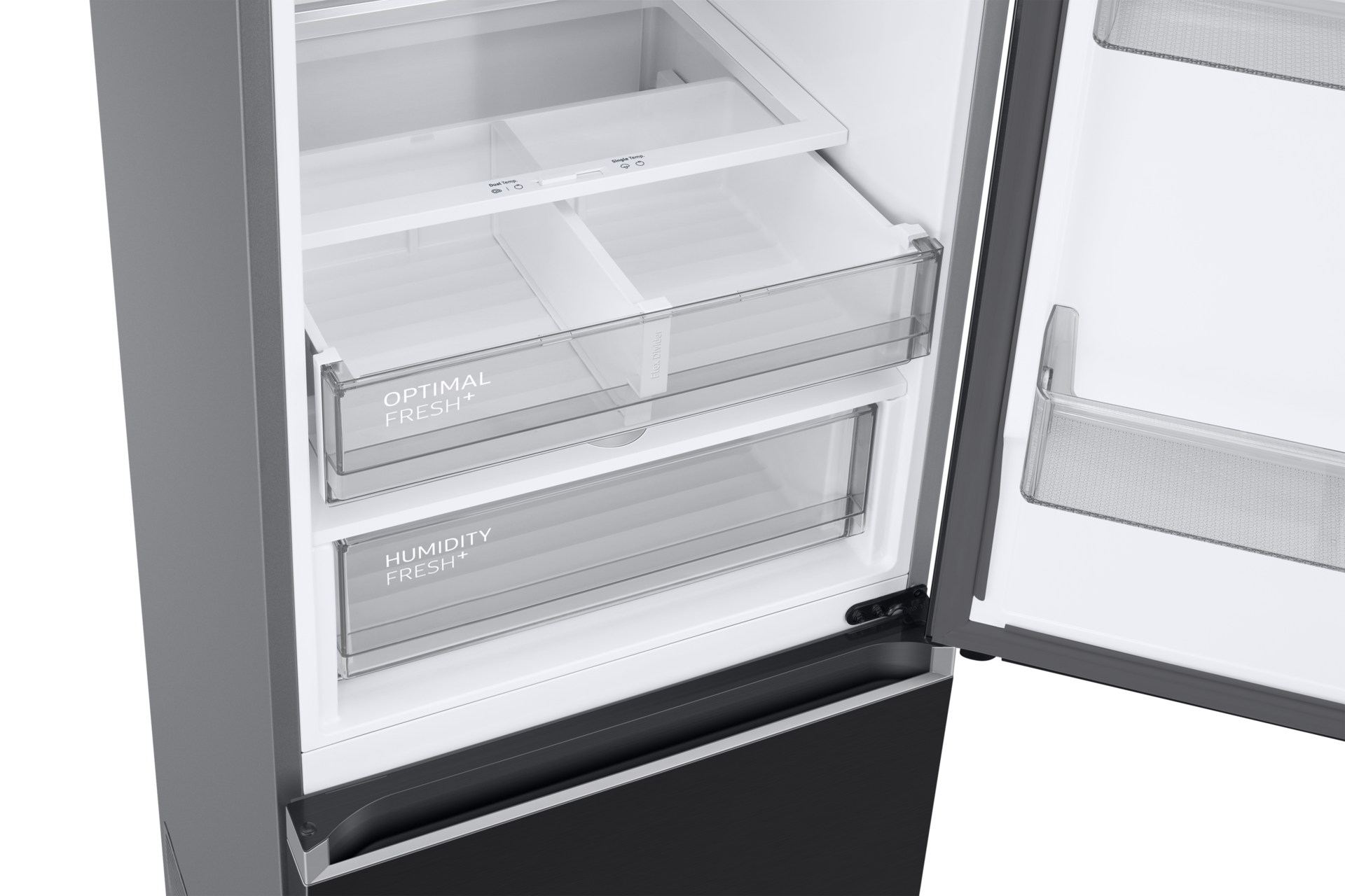 Lodówka z dolnym zamrażalnikiem Grand+ RB38C705CB1/EF z modułem Wi-Fi  - wnętrze lodówki z pustymi półkami