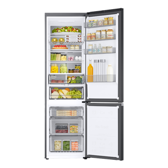 Lodówka z dolnym zamrażalnikiem RB34T601FWW/EF - widok z otwartymi drzwiami i produktami na półkach