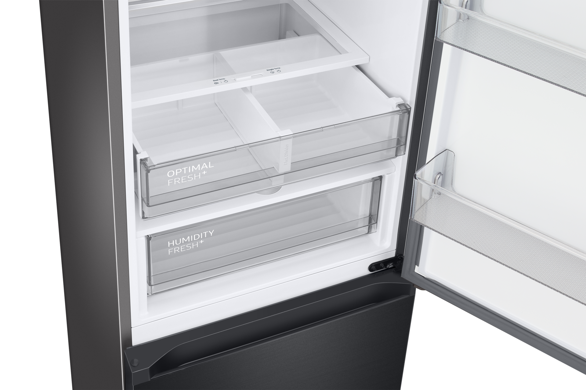 Zbliżenie na puste szuflady lodówki Samsung Bespoke RB38C7B5DB1/EF