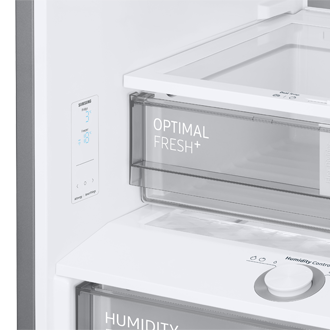 Zbliżenie na szufladę Optimal Fresh + w lodówce Samsung Bespoke RB38C7B5DB1/EF z dolnym zamrażalnikiem