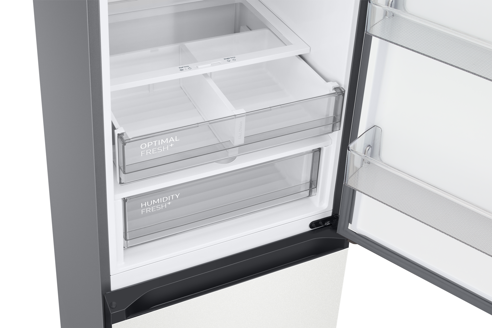 Zbliżenie na szuflady Optimal Fresh i Humidity Fresh w lodówce Samsung