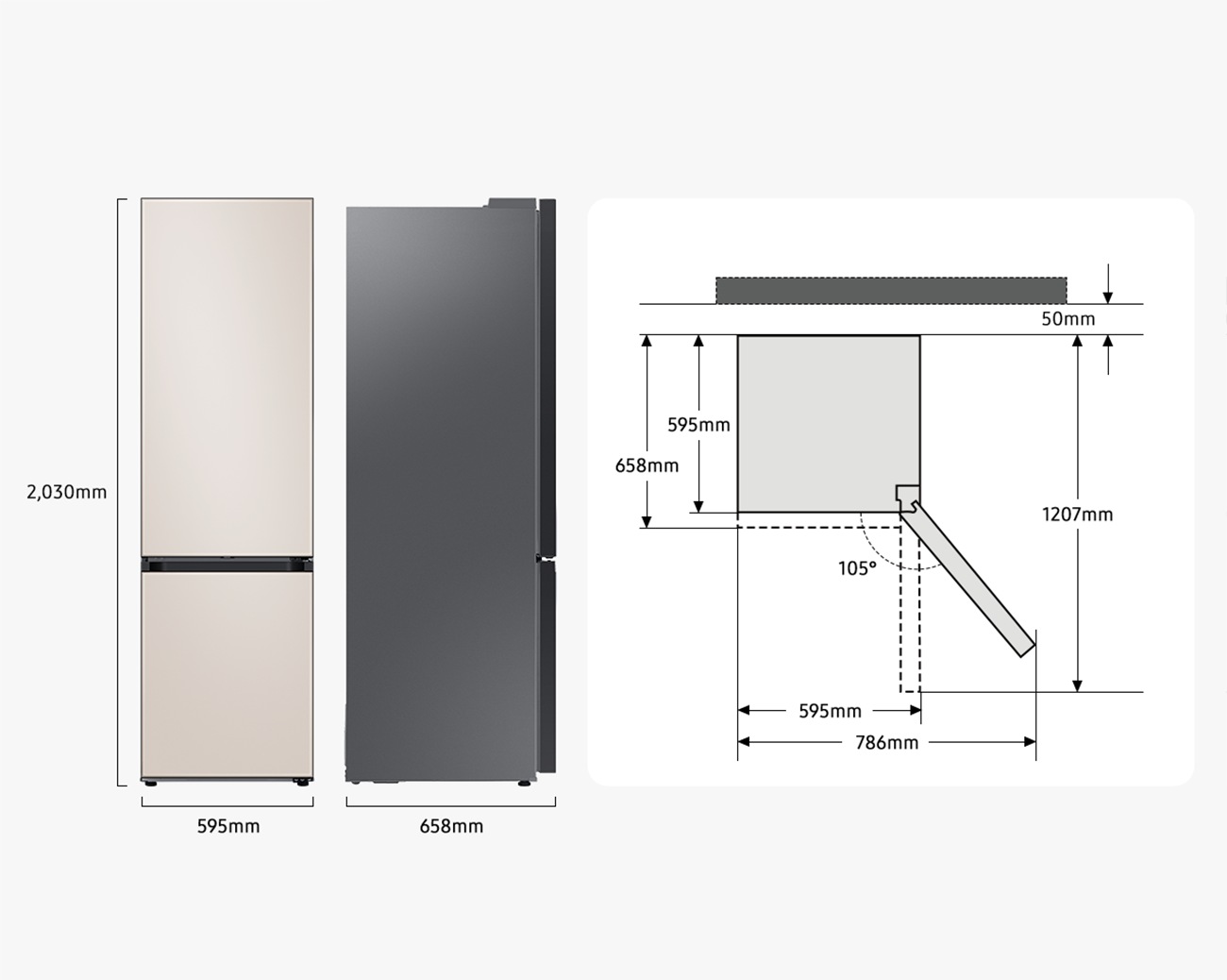 Wymiary lodówki Samsung Bespoke RB38C7B6CAP/EF z dolnym zamrażalnikiem i modułem Wi-Fi