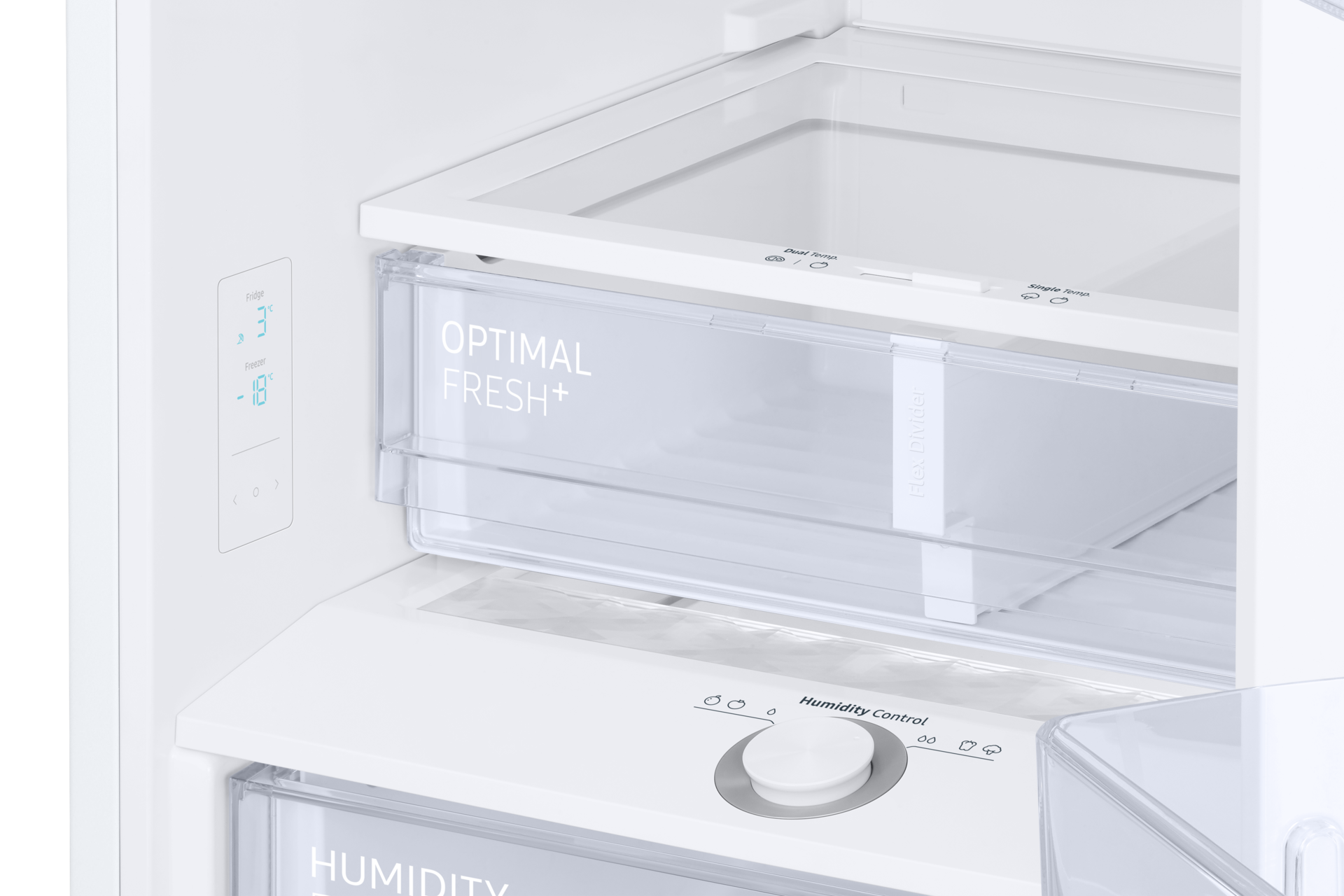 Lodówka Samsung Grand+ RB38T605DWW/EF z dolnym zamrażalnikiem - widok na pustą szufladę Optimal Fresh+