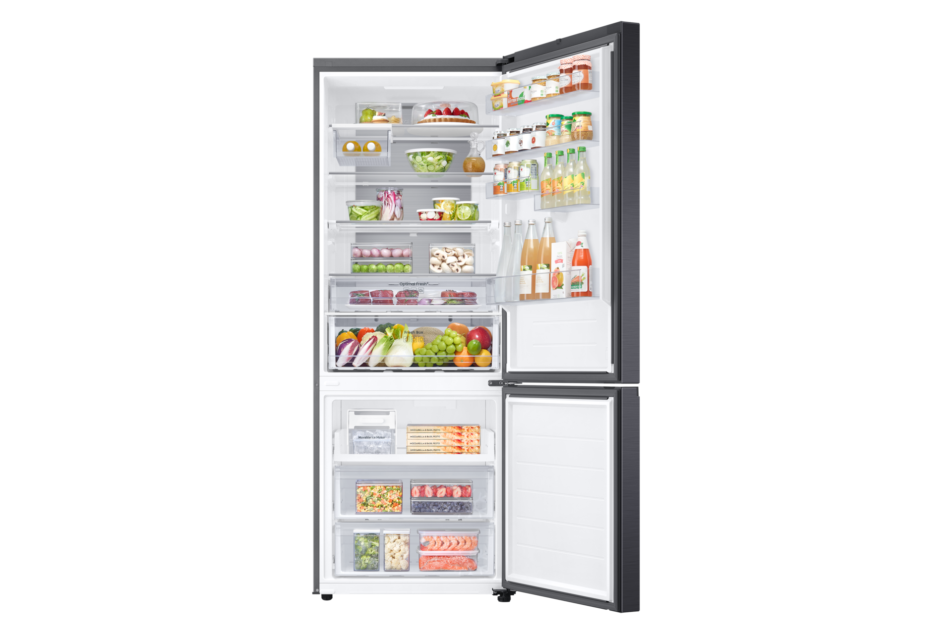 Lodówka z dolnym zamrażalnikiem AI Combi Max RB53DG706CB1EO - widok przodem z otwartymi drzwiami i produktami na półkach