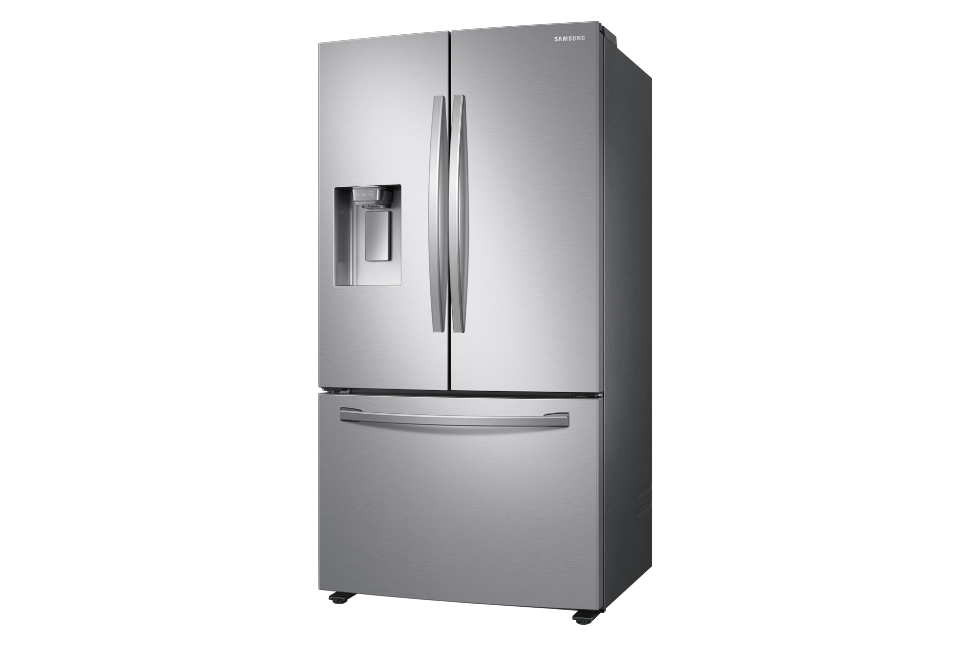 Pokazana z lewej pod kątem lodówka Samsung Multidoor RF23R62E3S9 z technologiami SpaceMax™ i  Twin Cooling Plus™