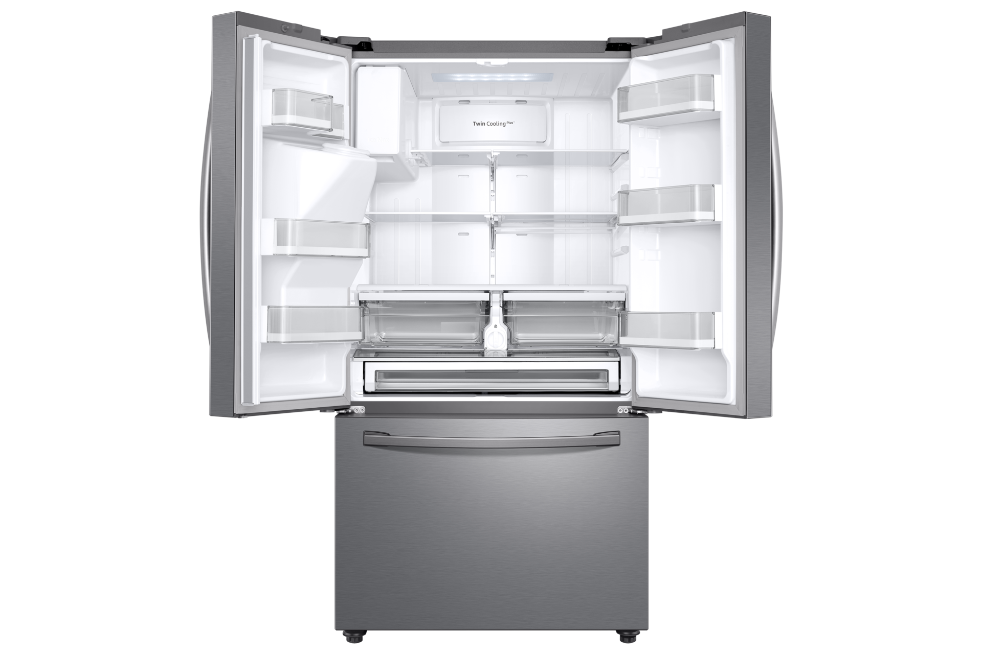 Lodówka Multidoor RF23R62E3S9 o pojemności 630 l z otwartymi podwójnymi drzwiami chłodziarki, co ukazuje całą dostępną wewnątrz przestrzeń