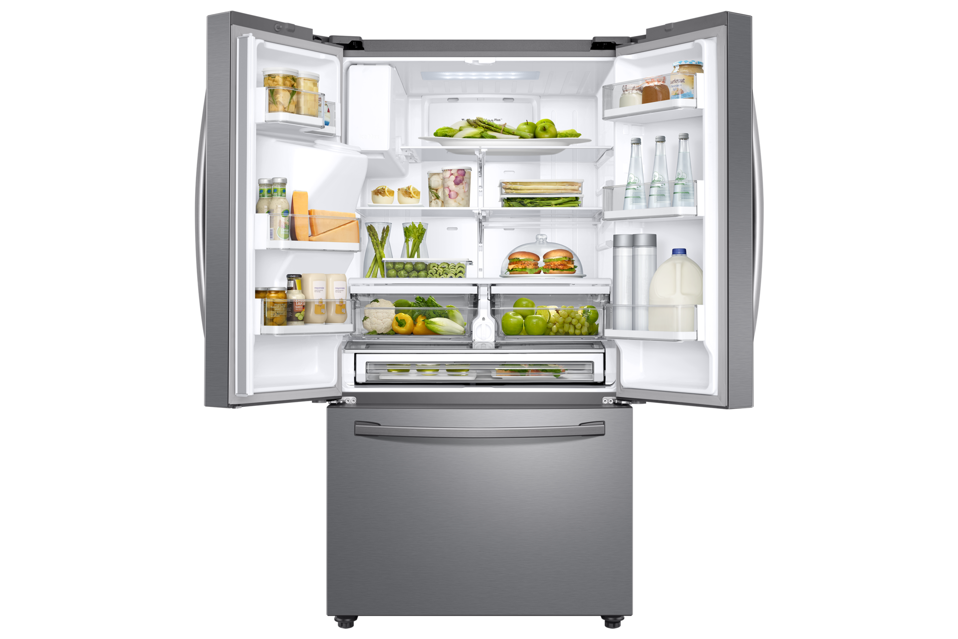 Widok na otwartą lodówkę Samsung Multidoor RF23R62E3S9 z przykładowymi produktami spożywczymi wewnątrz, dla ukazania możliwości zagospodarowania przestrzeni